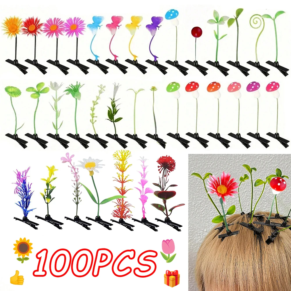 100PCS Unisex Funny Simulation Grass Hair Clips Cute Butterfly Mushroom Flower Shaped Party Hair Accessories