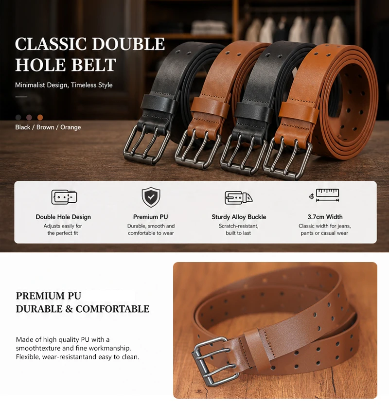 Men's PU Vintage Double-Row Pin Buckle Belt in Black, Brown, orange, Western Cowboy Style, Suitable for Father's Day and Christm