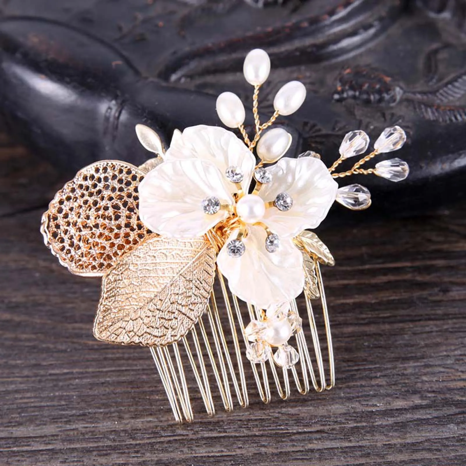 Gold Color Flower Hair Comb Clip Girls Handmade Alloy Pearl Hairpin Bridal Tiaras Wedding Hair Accessory Crystal Hair Jewelry