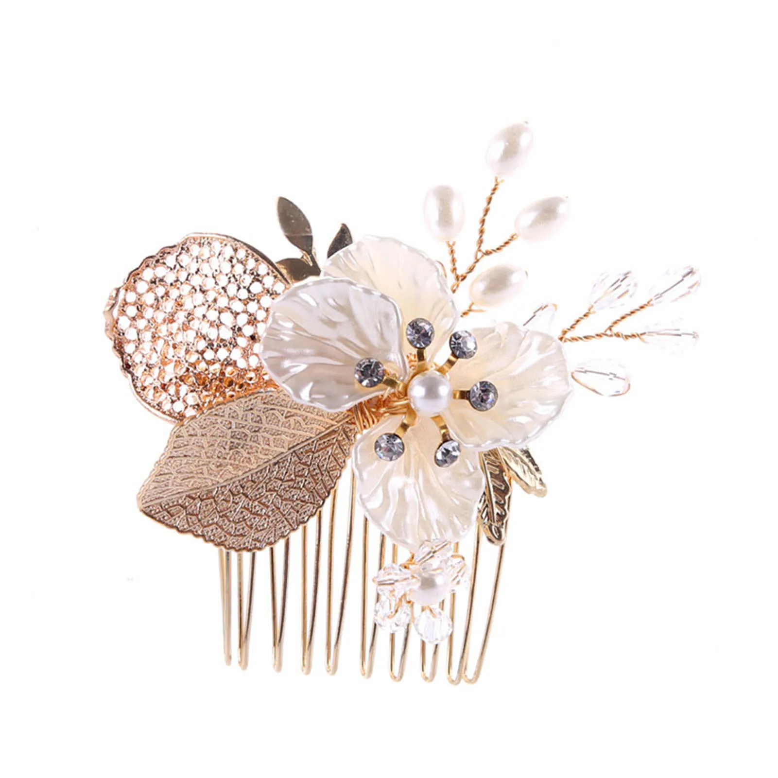 Gold Color Flower Hair Comb Clip Girls Handmade Alloy Pearl Hairpin Bridal Tiaras Wedding Hair Accessory Crystal Hair Jewelry