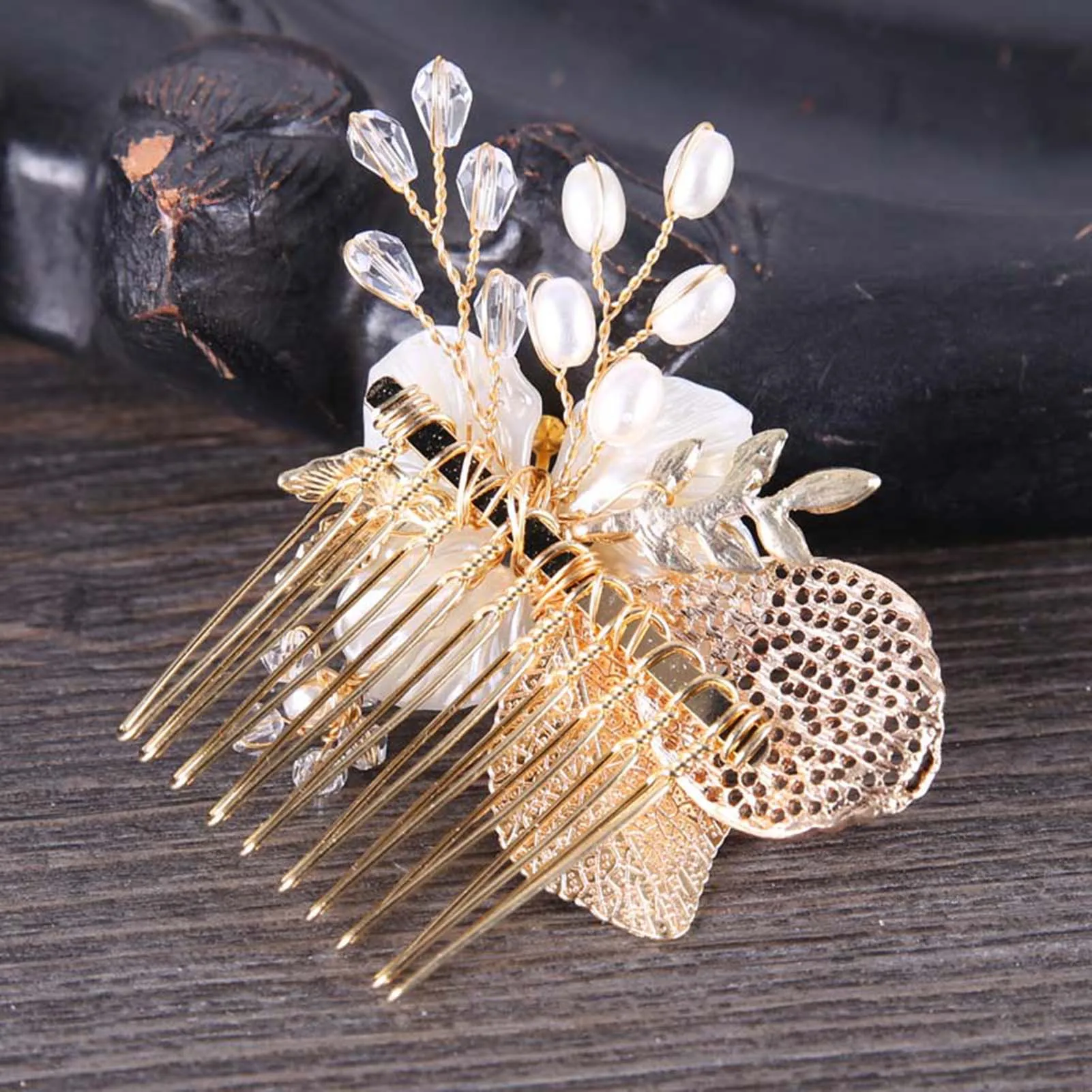 Gold Color Flower Hair Comb Clip Girls Handmade Alloy Pearl Hairpin Bridal Tiaras Wedding Hair Accessory Crystal Hair Jewelry