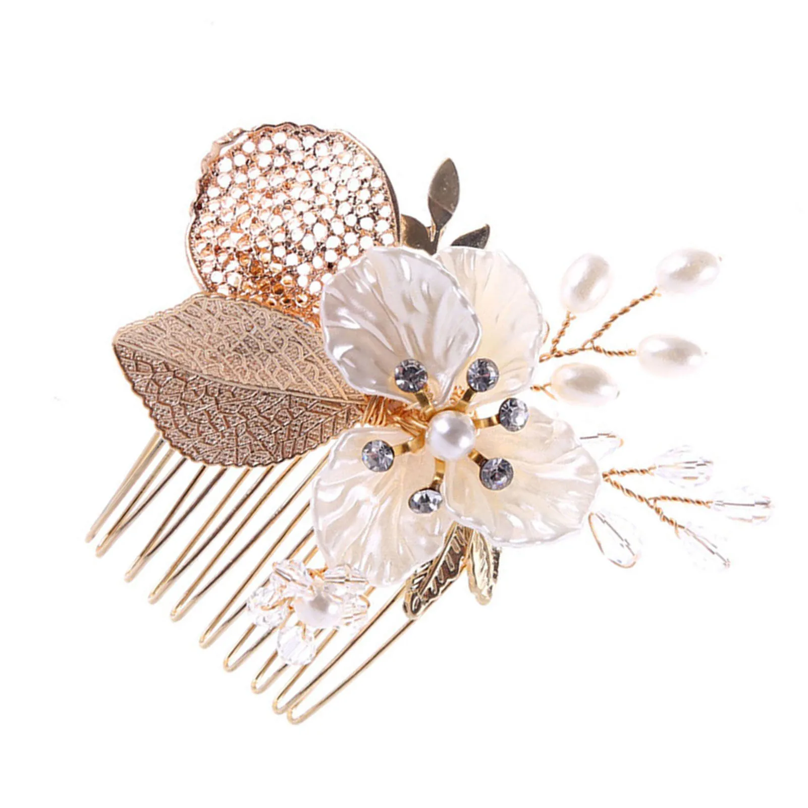 Gold Color Flower Hair Comb Clip Girls Handmade Alloy Pearl Hairpin Bridal Tiaras Wedding Hair Accessory Crystal Hair Jewelry