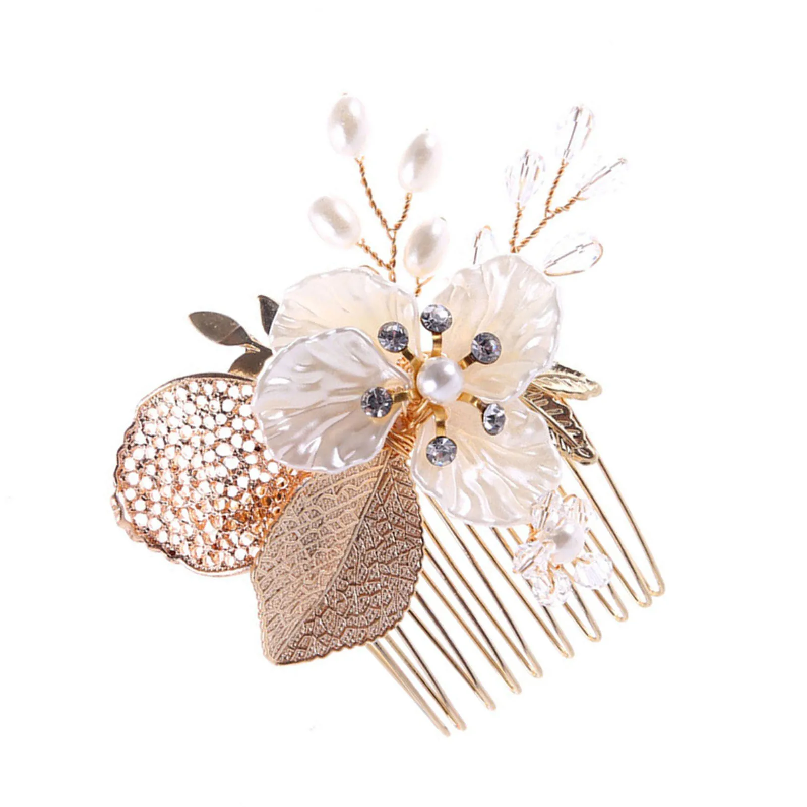 Gold Color Flower Hair Comb Clip Girls Handmade Alloy Pearl Hairpin Bridal Tiaras Wedding Hair Accessory Crystal Hair Jewelry