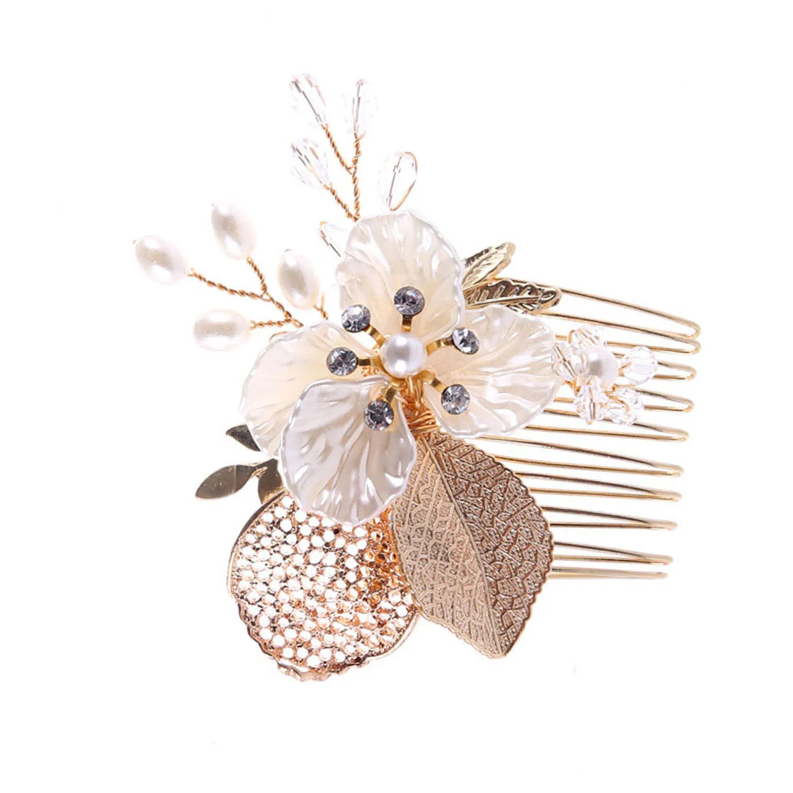 Gold Color Flower Hair Comb Clip Girls Handmade Alloy Pearl Hairpin Bridal Tiaras Wedding Hair Accessory Crystal Hair Jewelry