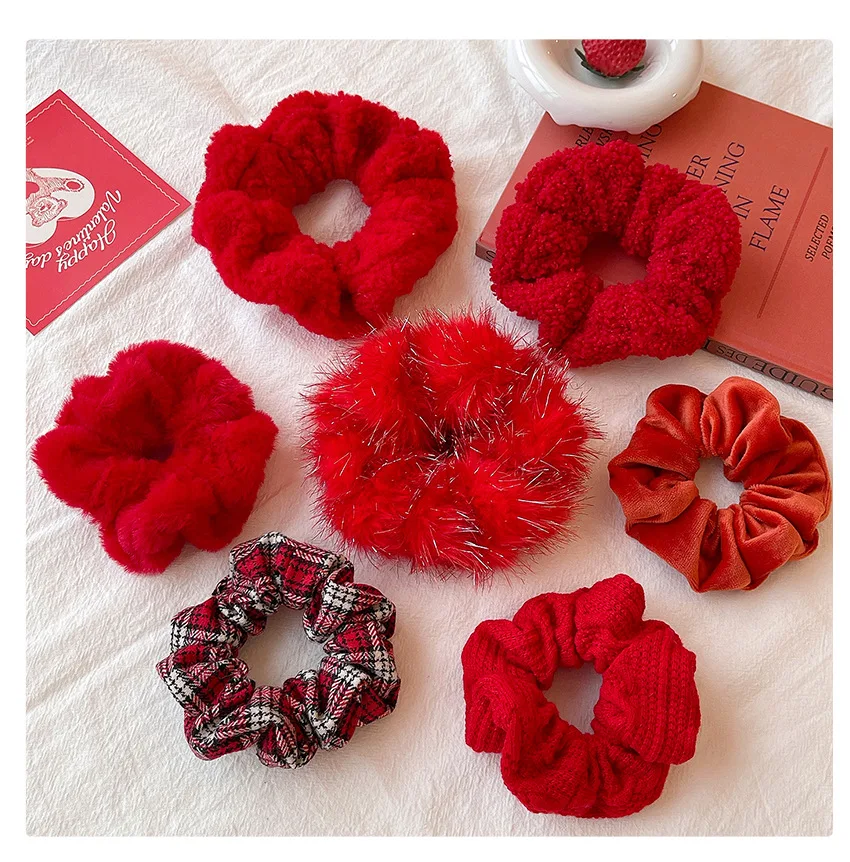2026 New Christmas Red Color Hair Scrunchies For Women Girls Fashion High Elasticity No Hurt Hair Elastics New Year Accessories