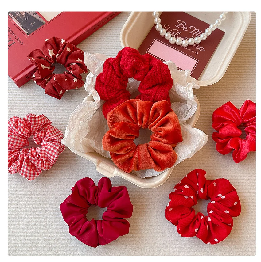 2026 New Christmas Red Color Hair Scrunchies For Women Girls Fashion High Elasticity No Hurt Hair Elastics New Year Accessories