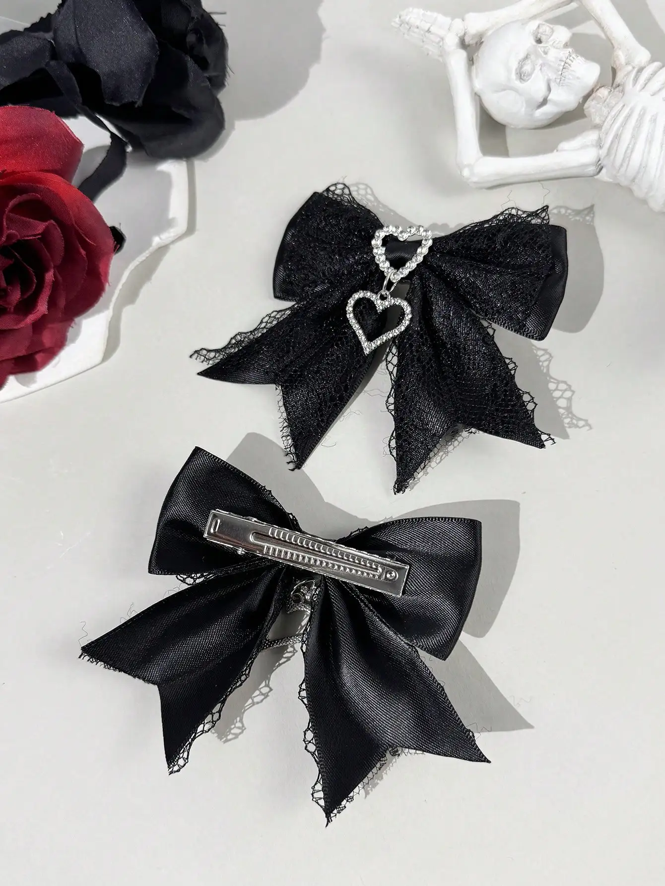 Two-piece set of women's street-style youthful sweet-cool lace ribbon rhinestone accessory bow hair clip, suitable for any scene