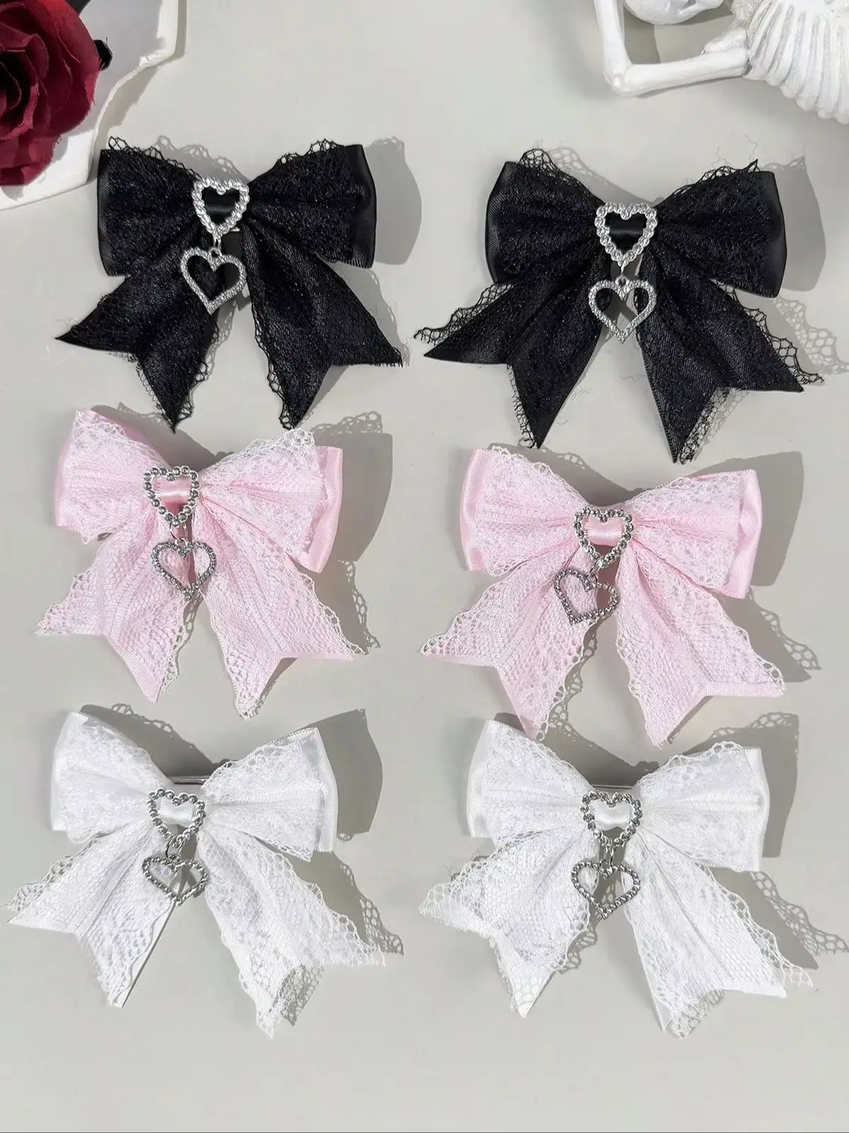 Two-piece set of women's street-style youthful sweet-cool lace ribbon rhinestone accessory bow hair clip, suitable for any scene