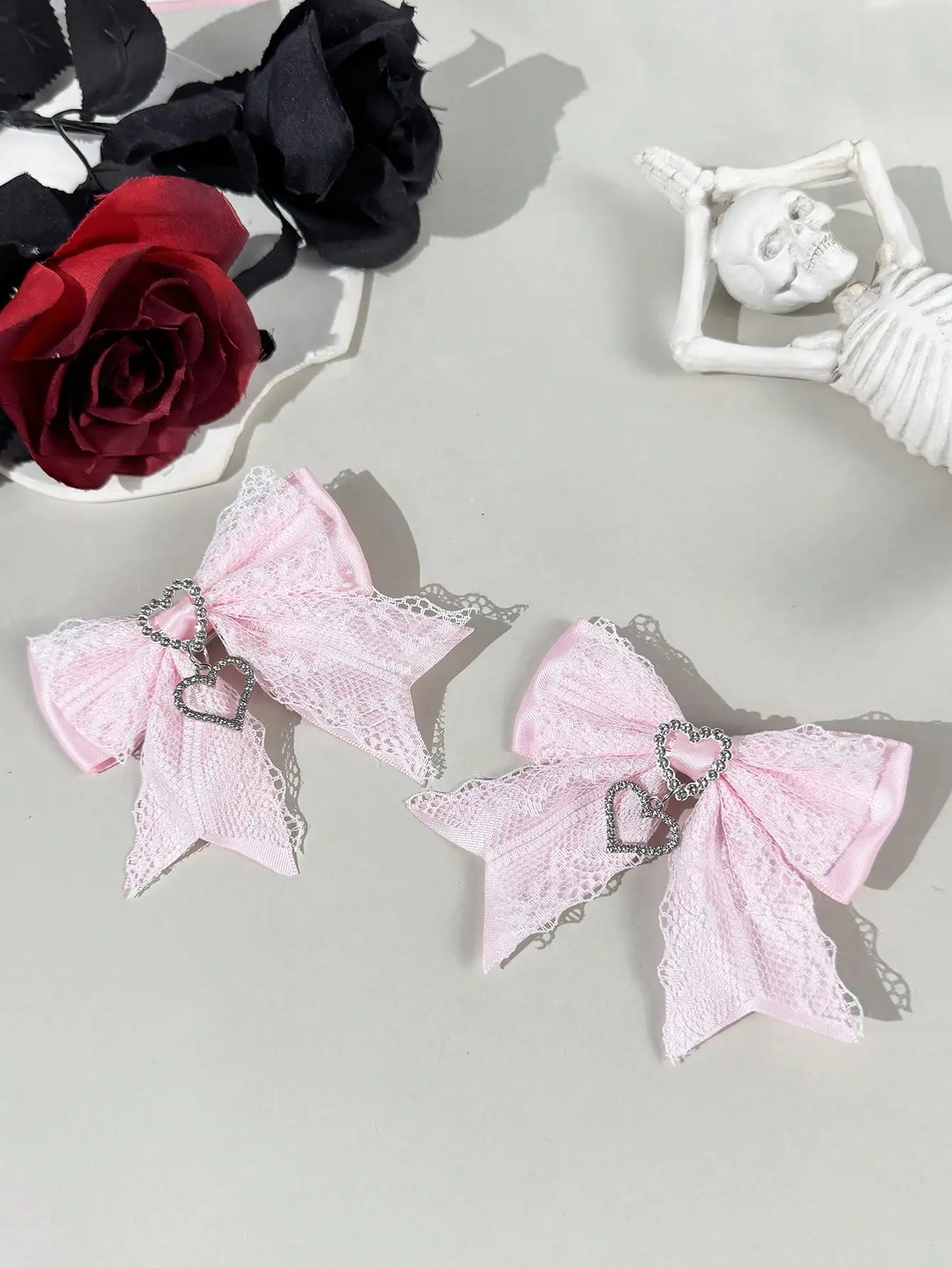 Two-piece set of women's street-style youthful sweet-cool lace ribbon rhinestone accessory bow hair clip, suitable for any scene