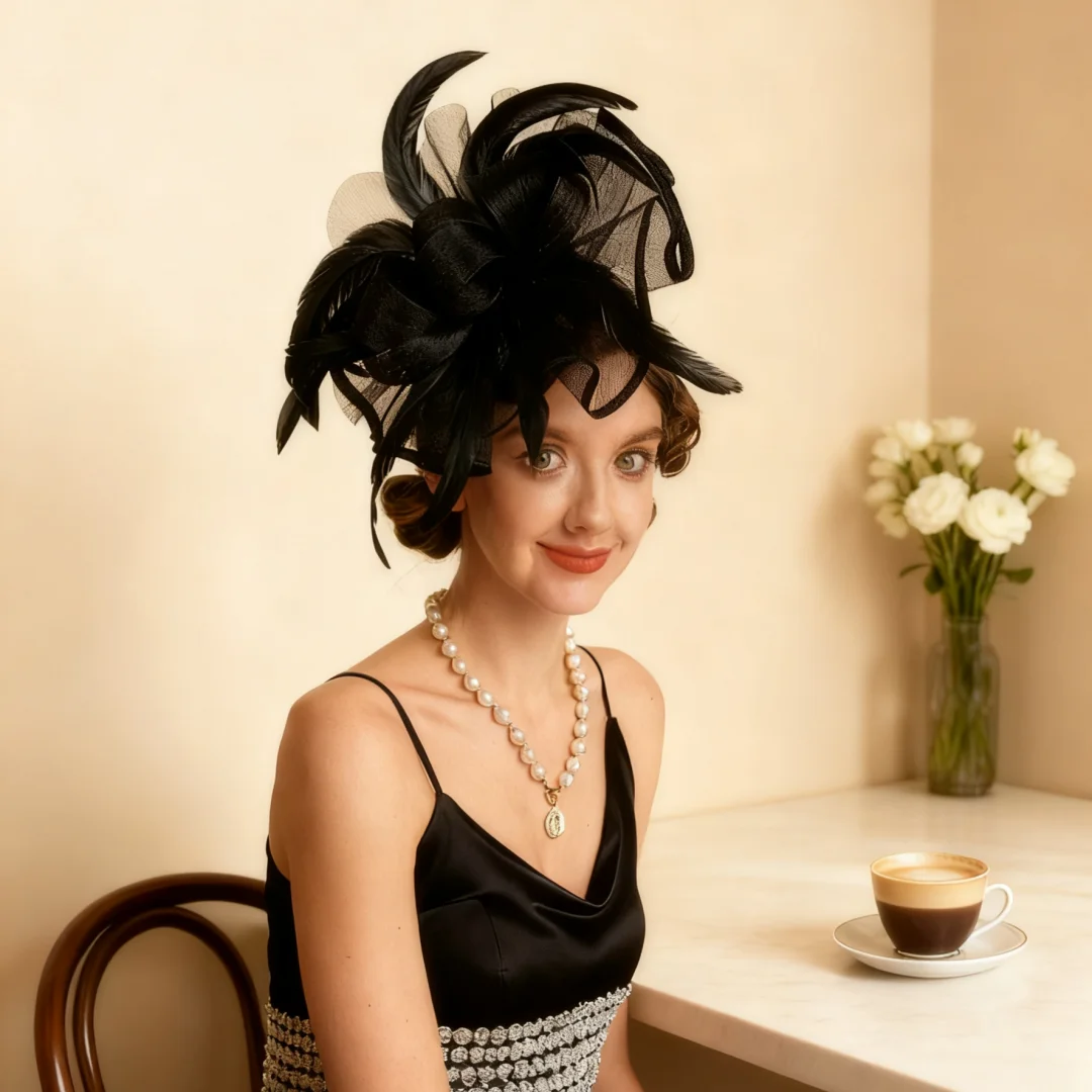 2026 Elegant Women's Fascinator Hat with Mesh and Big Feather Hair Clip Headpiece for Weddings Tea Party Hair Accessories