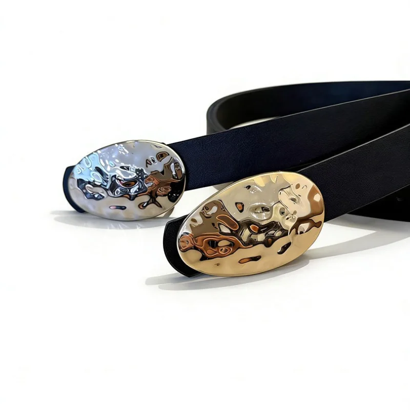 New stylish niche-design minimalist oval leather buckle a sophisticated commuter belt that pairs perfectly with jeans