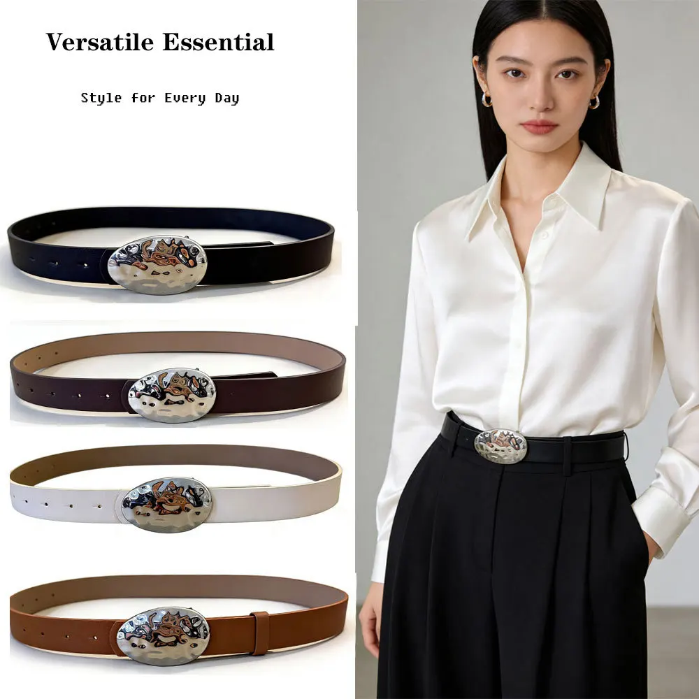 New stylish niche-design minimalist oval leather buckle a sophisticated commuter belt that pairs perfectly with jeans