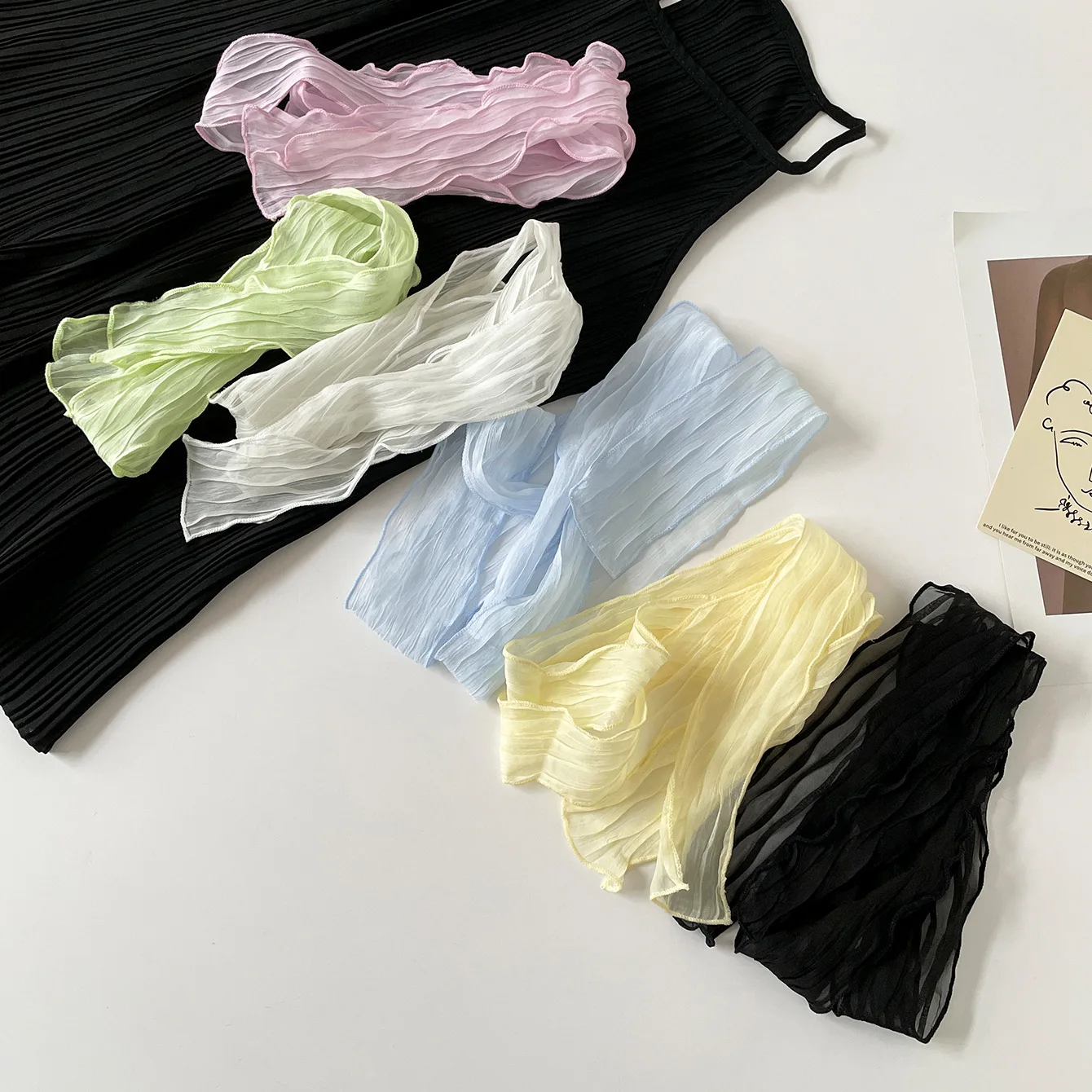 Crinkled Chiffon Skinny Scarf Lightweight Sheer Texture Neckerchief Multi-use Hair Scarf Bag Handle Wrap for Daily Office Gift