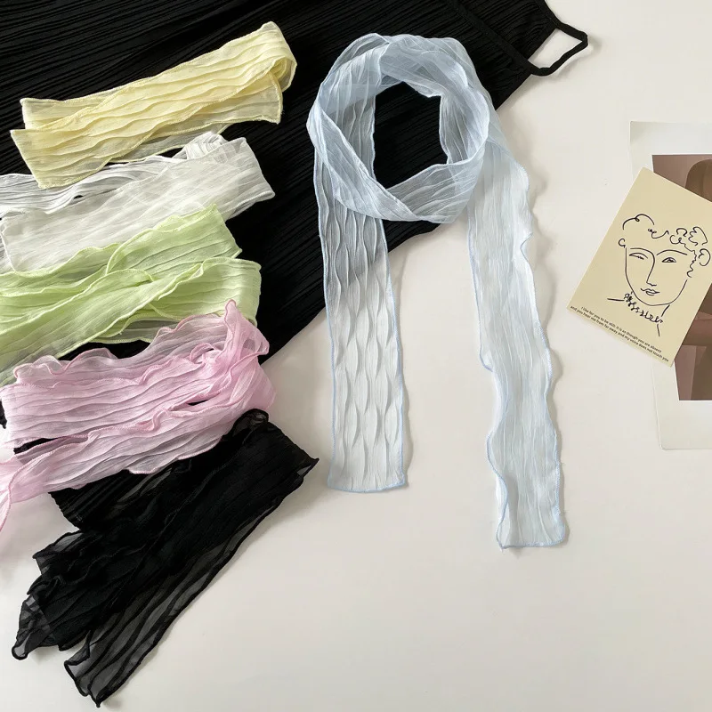 Crinkled Chiffon Skinny Scarf Lightweight Sheer Texture Neckerchief Multi-use Hair Scarf Bag Handle Wrap for Daily Office Gift