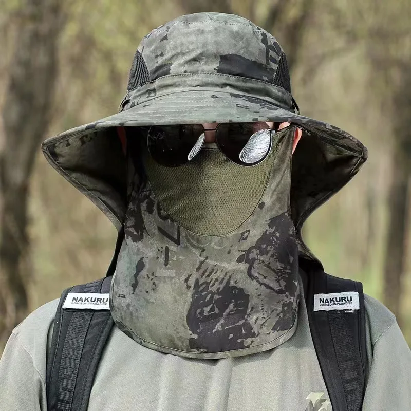 Summer Women Men Hiking Fishing Boonie Hat Outdoor Sport Sun UV Protection Neck Face Camouflage Adjustable Bucket Caps and Mask