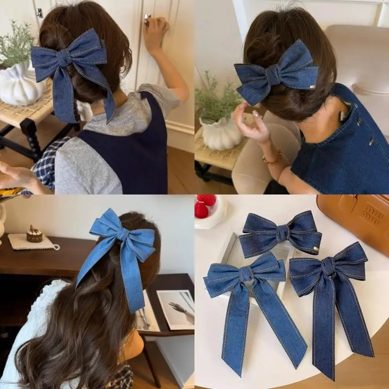 〔YS1〕Fashion Denim Blue Ribbon Bowknot Hair Clips For Women Girls Sweet Elegant Ponytail Hairpins Duckbill Clip Hair Accessories