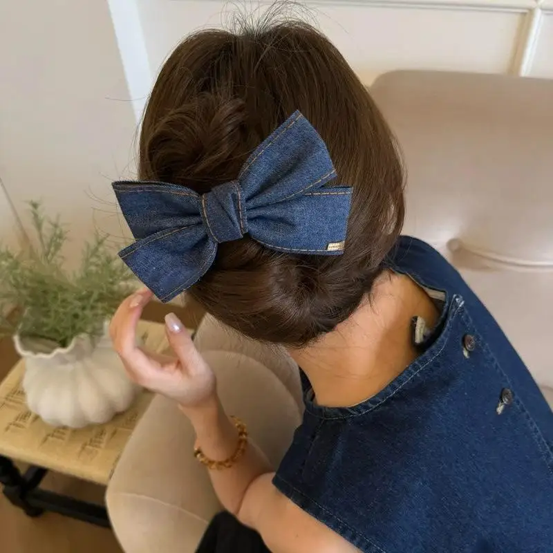 〔YS1〕Fashion Denim Blue Ribbon Bowknot Hair Clips For Women Girls Sweet Elegant Ponytail Hairpins Duckbill Clip Hair Accessories