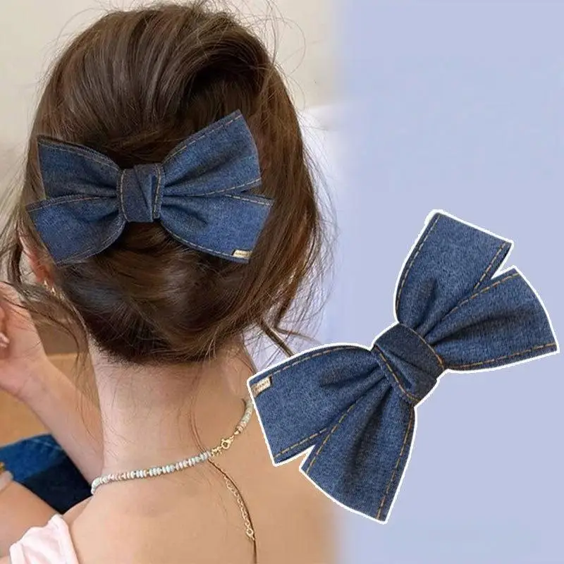〔YS1〕Fashion Denim Blue Ribbon Bowknot Hair Clips For Women Girls Sweet Elegant Ponytail Hairpins Duckbill Clip Hair Accessories