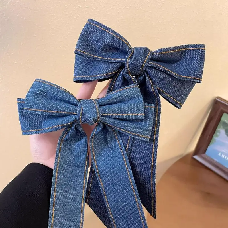 〔YS1〕Fashion Denim Blue Ribbon Bowknot Hair Clips For Women Girls Sweet Elegant Ponytail Hairpins Duckbill Clip Hair Accessories