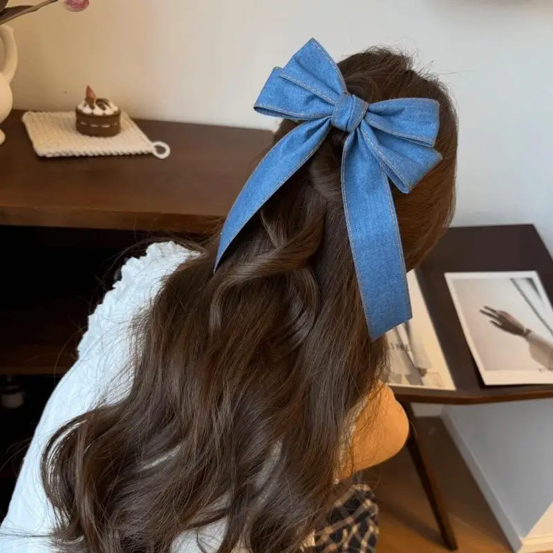〔YS1〕Fashion Denim Blue Ribbon Bowknot Hair Clips For Women Girls Sweet Elegant Ponytail Hairpins Duckbill Clip Hair Accessories