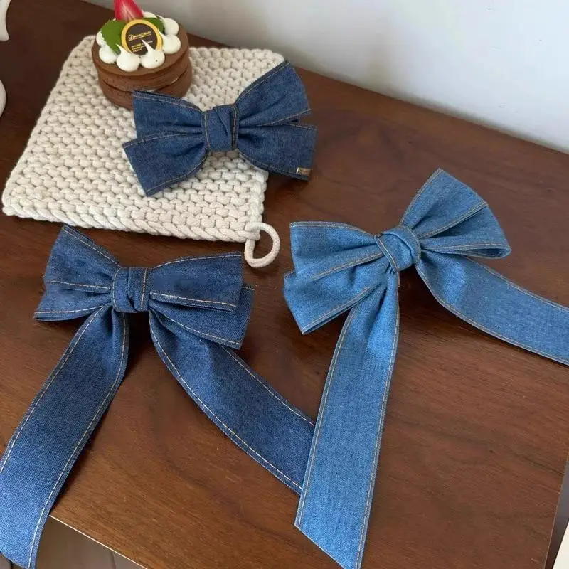 〔YS1〕Fashion Denim Blue Ribbon Bowknot Hair Clips For Women Girls Sweet Elegant Ponytail Hairpins Duckbill Clip Hair Accessories