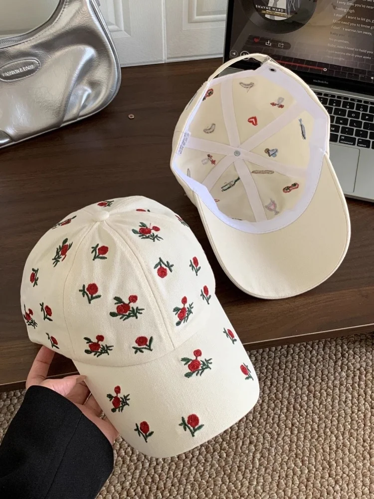 Kawaii Embroidery Baseball Cap for Women Aesthetic Food & Wine Pattern Soft Cotton Adjustable Dad Hat Summer Outdoor Sunshade Ca
