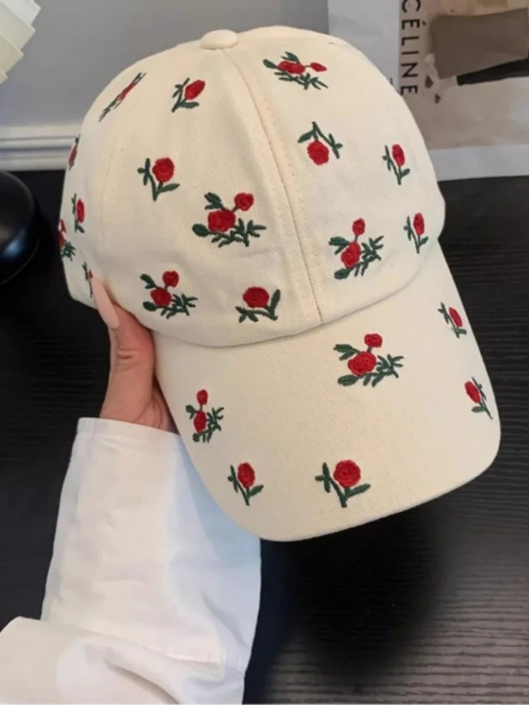 Kawaii Embroidery Baseball Cap for Women Aesthetic Food & Wine Pattern Soft Cotton Adjustable Dad Hat Summer Outdoor Sunshade Ca