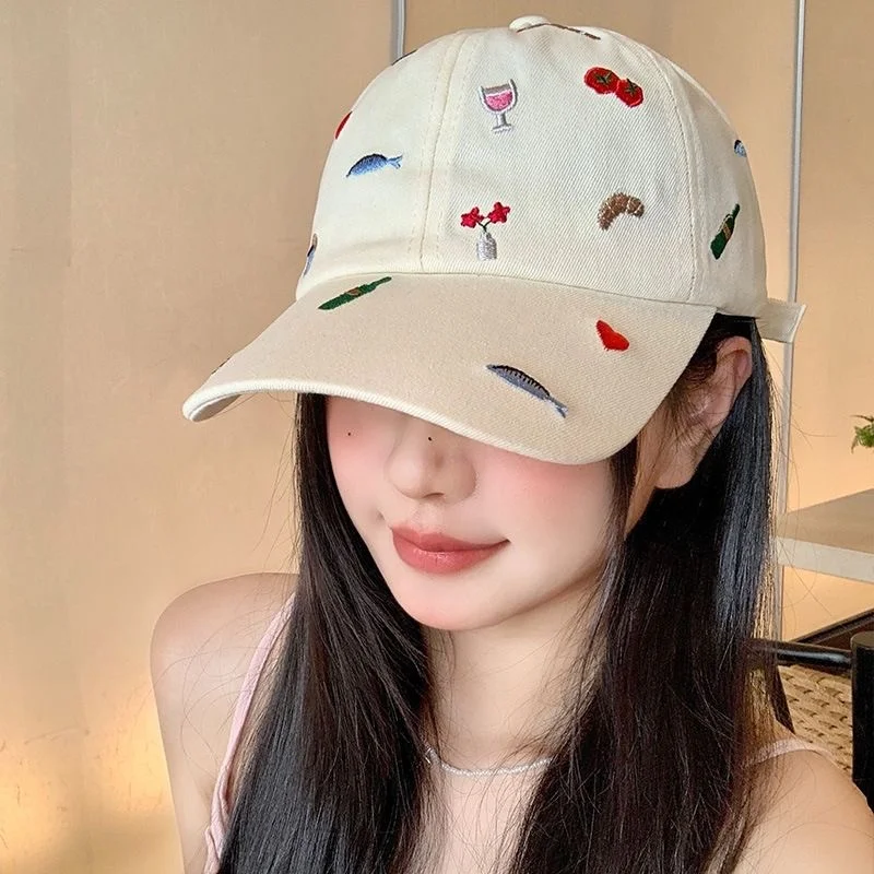 Kawaii Embroidery Baseball Cap for Women Aesthetic Food & Wine Pattern Soft Cotton Adjustable Dad Hat Summer Outdoor Sunshade Ca