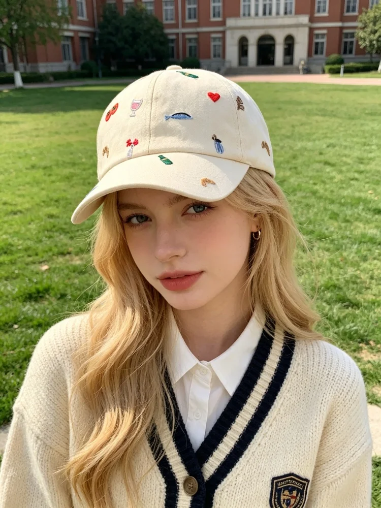 Kawaii Embroidery Baseball Cap for Women Aesthetic Food & Wine Pattern Soft Cotton Adjustable Dad Hat Summer Outdoor Sunshade Ca