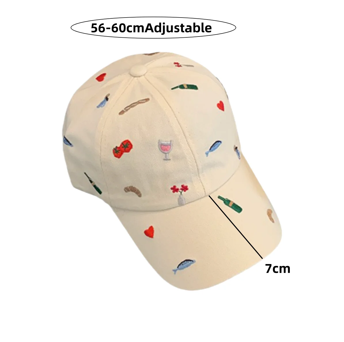 Kawaii Embroidery Baseball Cap for Women Aesthetic Food & Wine Pattern Soft Cotton Adjustable Dad Hat Summer Outdoor Sunshade Ca