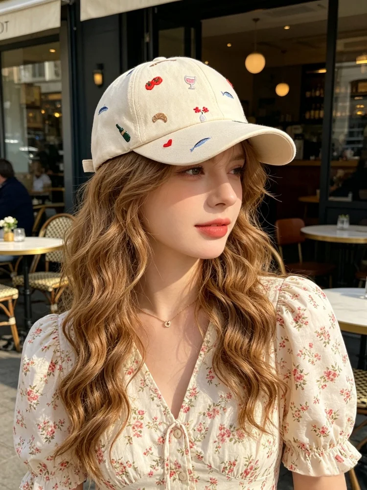Kawaii Embroidery Baseball Cap for Women Aesthetic Food & Wine Pattern Soft Cotton Adjustable Dad Hat Summer Outdoor Sunshade Ca