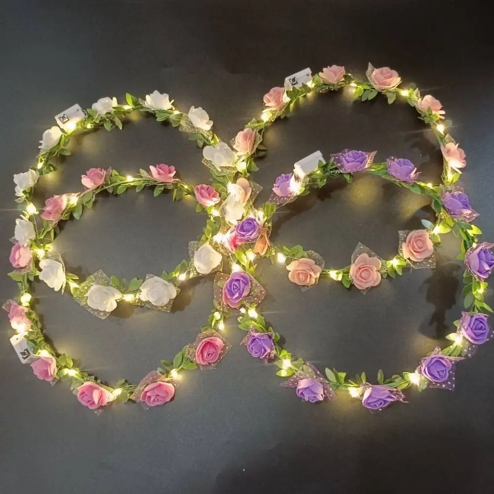 Elegant Simulation Rose Flower Wreath Headband Luminous Tiara Flower Crowns LED Light Garland Glowing Wreath Wedding
