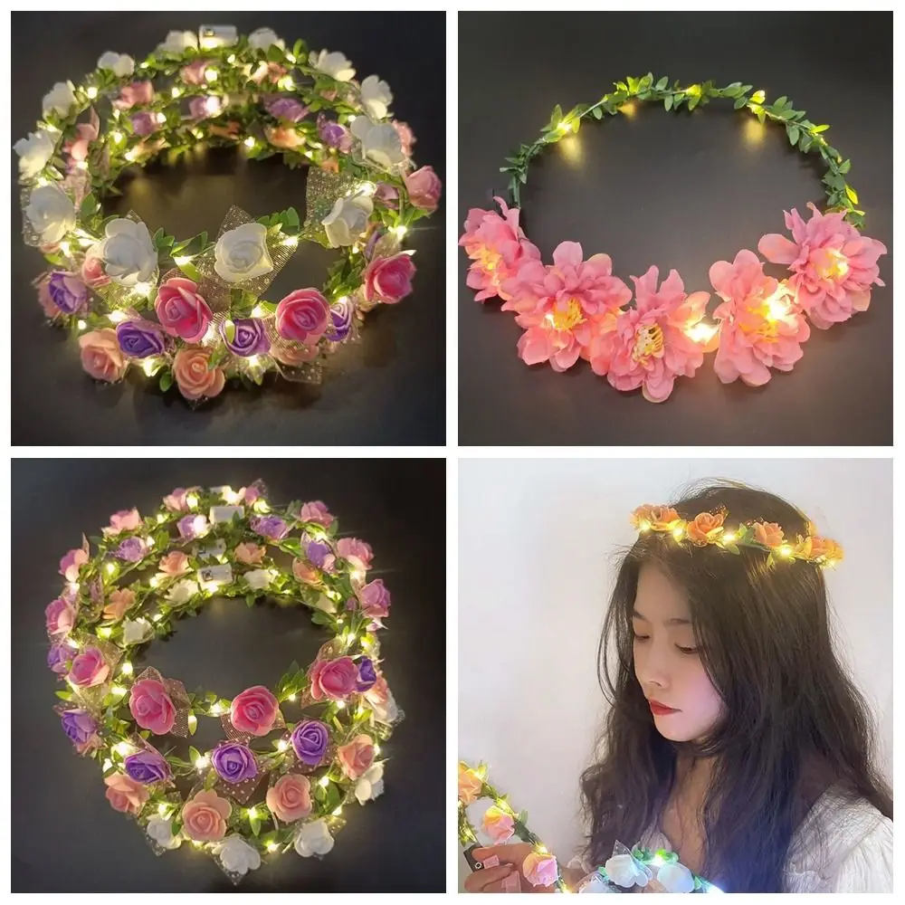 Elegant Simulation Rose Flower Wreath Headband Luminous Tiara Flower Crowns LED Light Garland Glowing Wreath Wedding