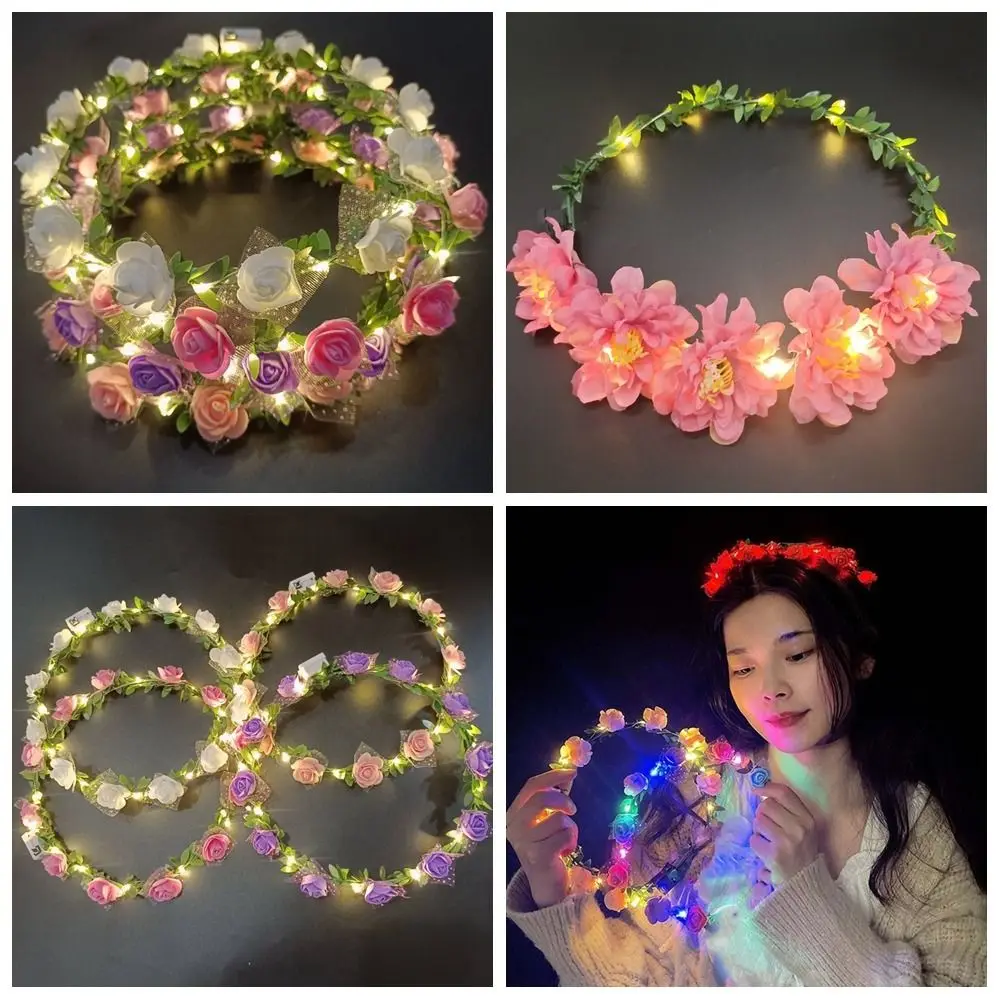 Elegant Simulation Rose Flower Wreath Headband Luminous Tiara Flower Crowns LED Light Garland Glowing Wreath Wedding