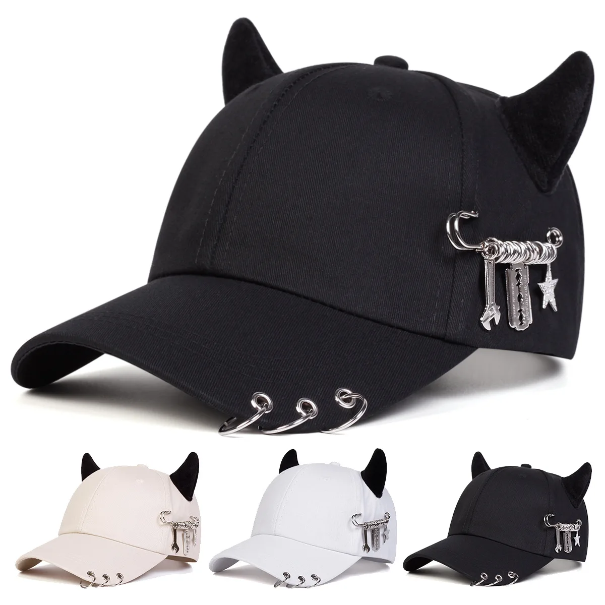 European and American Personalized Metal Hoop with Horn-Shaped Metal Decoration Pin for Street Fashion Baseball Cap