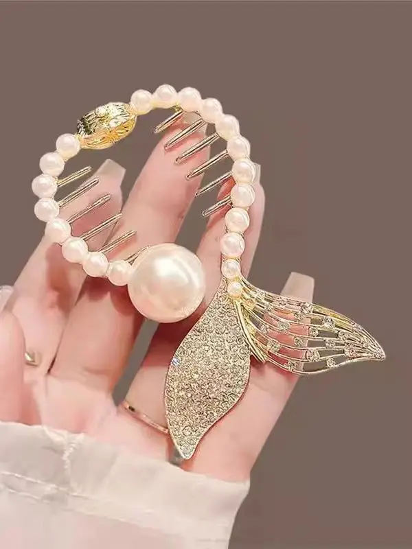 High-End Pearl Fishtail Hair Clip for Women, Bun Hair Clip for the Back of the Head, Lazy Hair Styling Tool, Elegant Ponytail Clip