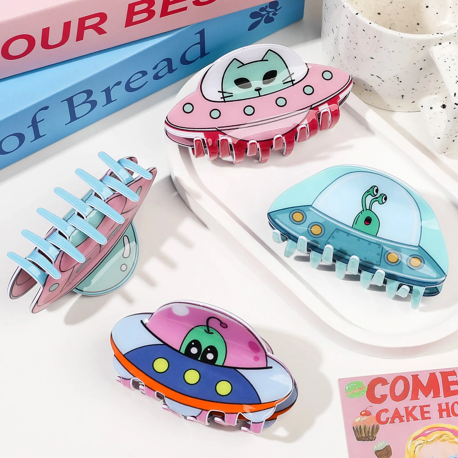Cartoon Colorful Spaceship Alien Print Hair Claw Light Luxury Claw Clip Crab Hair Clip for Women Girls Hair Accessories