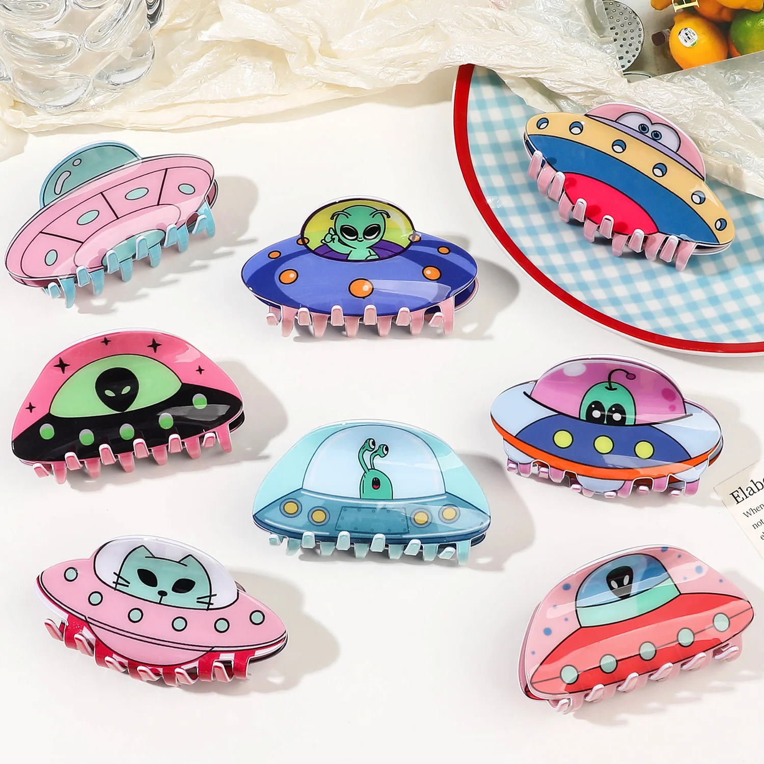 Cartoon Colorful Spaceship Alien Print Hair Claw Light Luxury Claw Clip Crab Hair Clip for Women Girls Hair Accessories