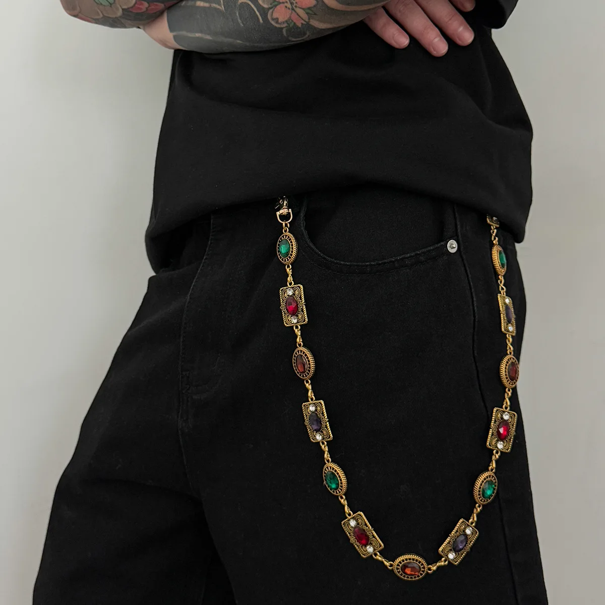 Women's Dress Waist Chain Accessory, Golden & Silver Metal Oval Carved Chain Rhinestone Belt