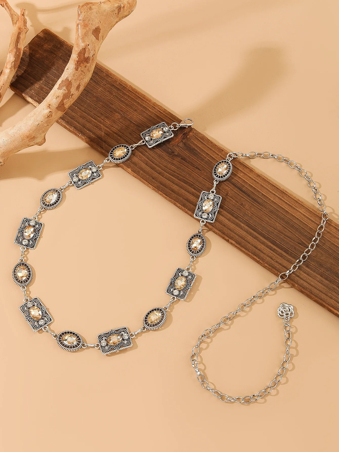Women's Dress Waist Chain Accessory, Golden & Silver Metal Oval Carved Chain Rhinestone Belt