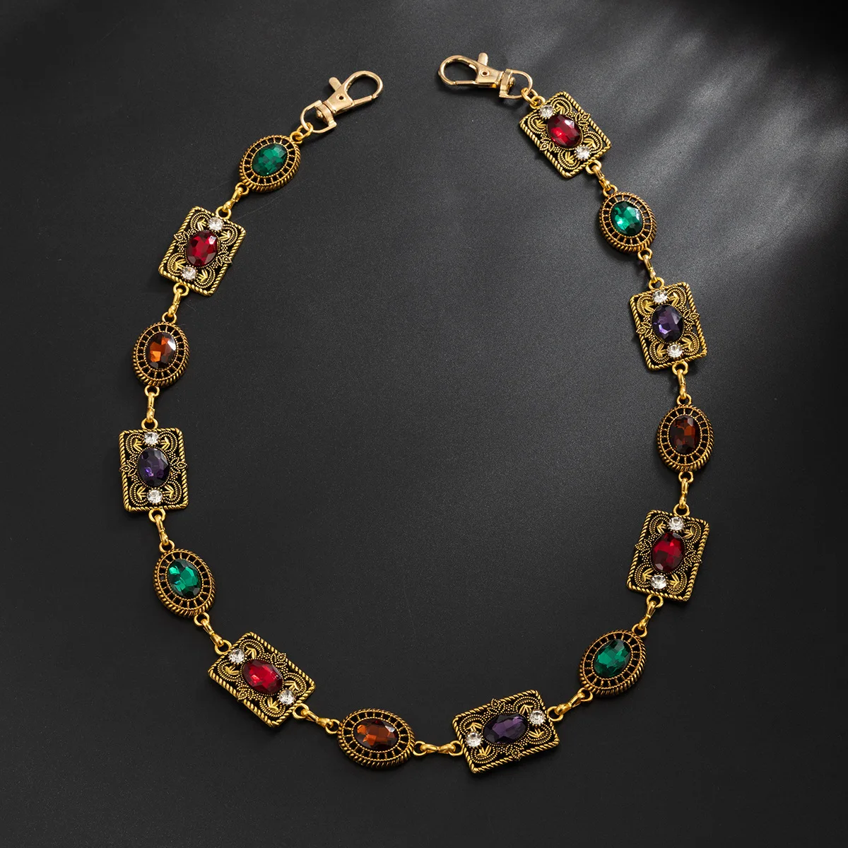 Women's Dress Waist Chain Accessory, Golden & Silver Metal Oval Carved Chain Rhinestone Belt
