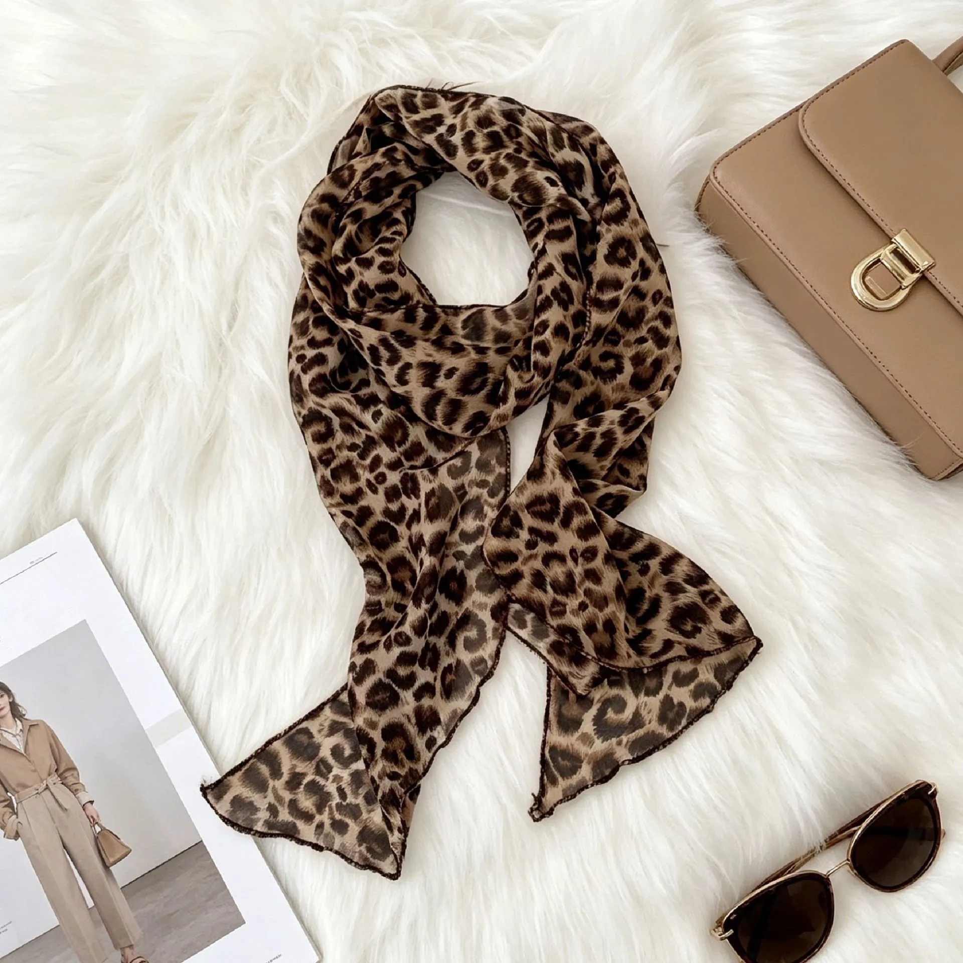 Ladies New Ins Style Brown Chiffon Polka Dot Long Silk Scarf Multifunctional Accessory Neck Women's Headband Tie Hair Towel