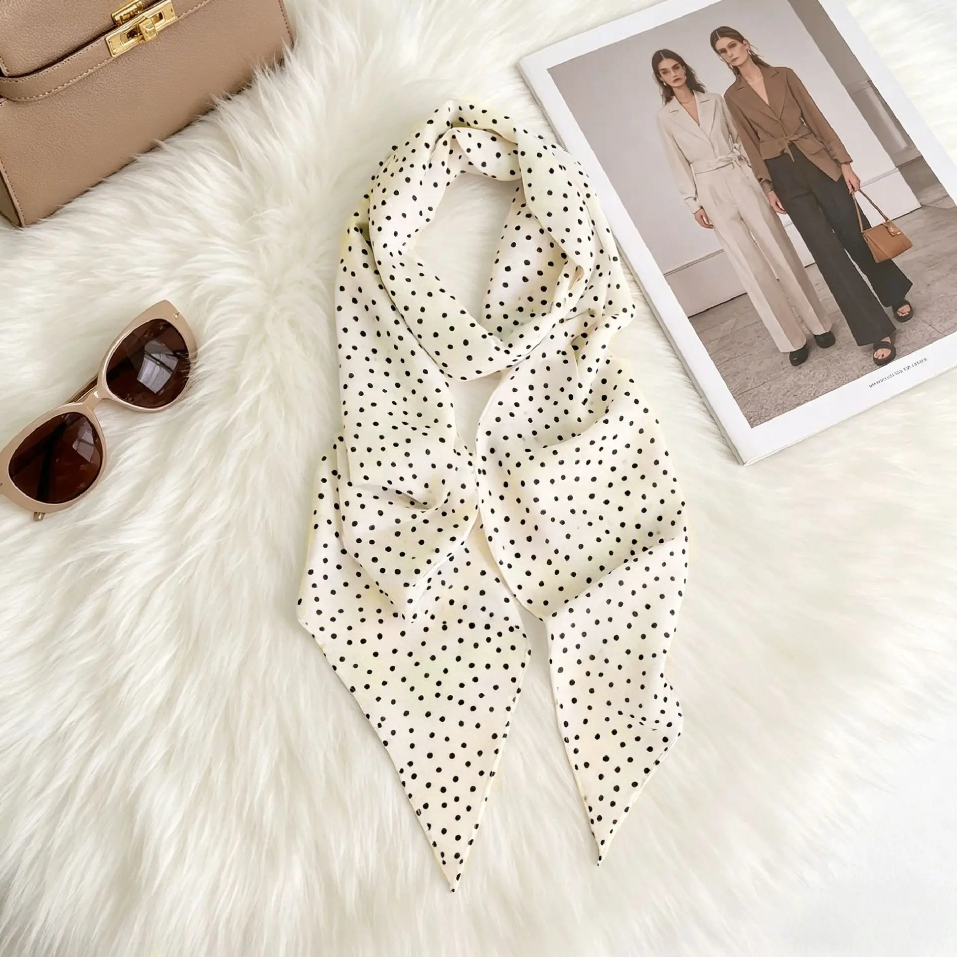 Ladies New Ins Style Brown Chiffon Polka Dot Long Silk Scarf Multifunctional Accessory Neck Women's Headband Tie Hair Towel