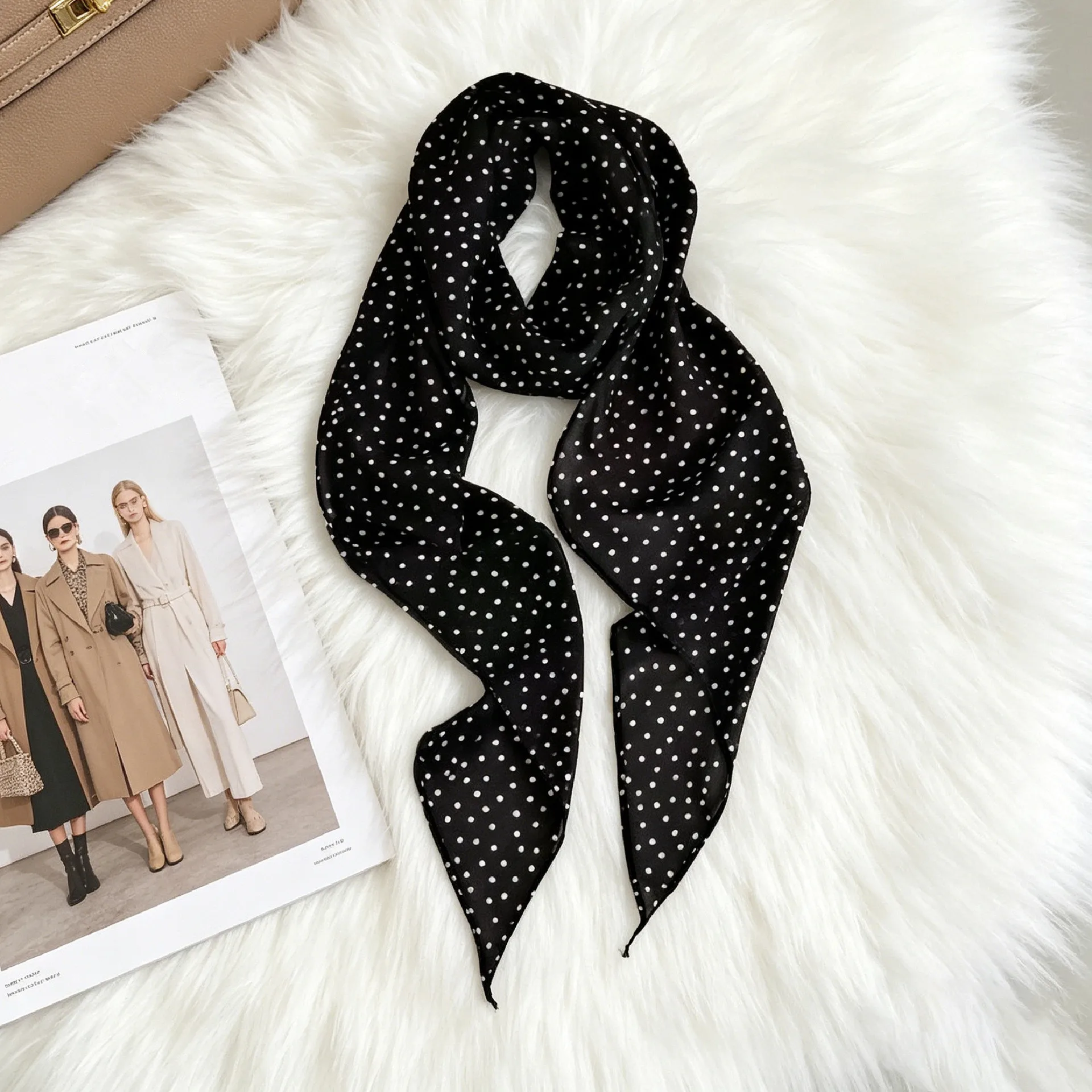 Ladies New Ins Style Brown Chiffon Polka Dot Long Silk Scarf Multifunctional Accessory Neck Women's Headband Tie Hair Towel