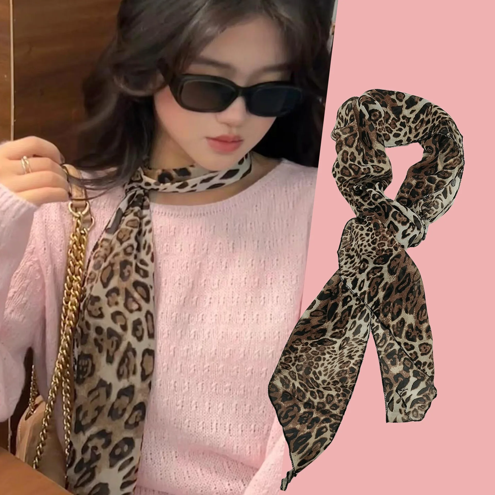 Ladies New Ins Style Brown Chiffon Polka Dot Long Silk Scarf Multifunctional Accessory Neck Women's Headband Tie Hair Towel