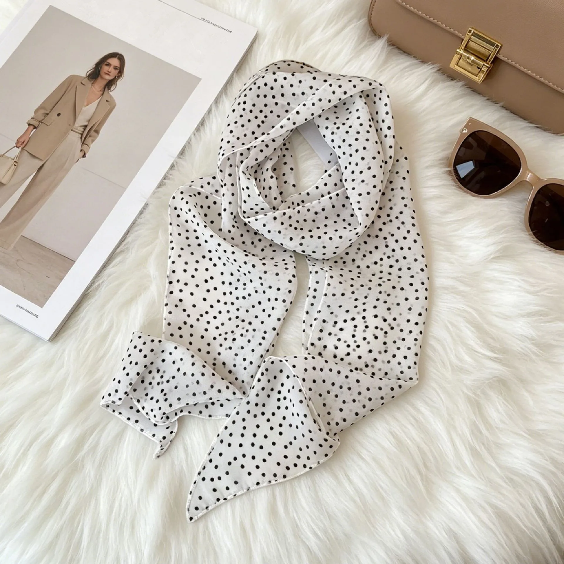 Ladies New Ins Style Brown Chiffon Polka Dot Long Silk Scarf Multifunctional Accessory Neck Women's Headband Tie Hair Towel