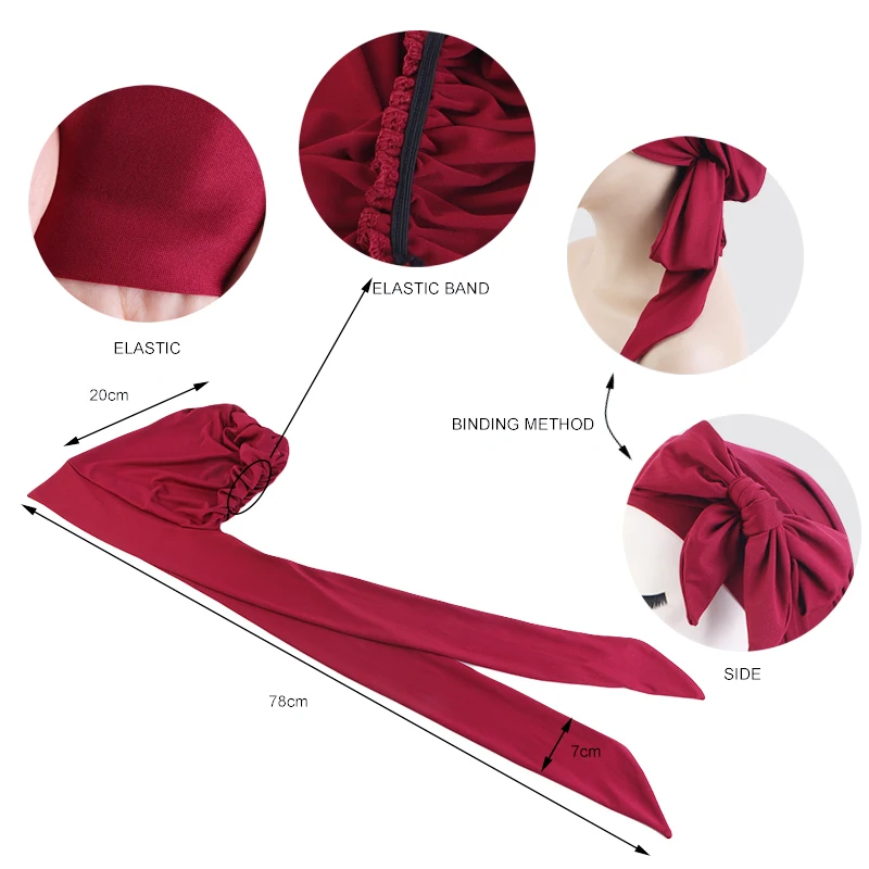 Women Muslim Pre-Tied Turban Cap Long Tail Headscarf Soft Stretch Strechy Chemo Cap Bandana Turbante Mujer