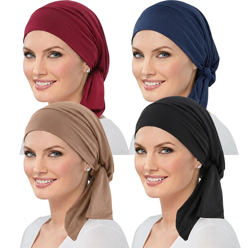 Women Muslim Pre-Tied Turban Cap Long Tail Headscarf Soft Stretch Strechy Chemo Cap Bandana Turbante Mujer