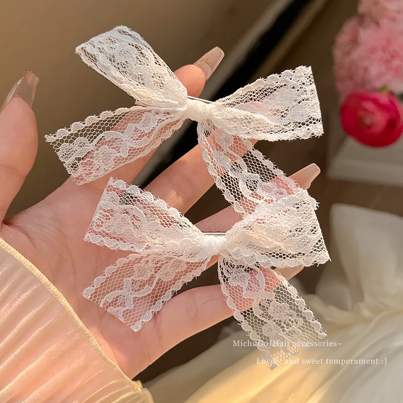 Women's Lace Bow Hair Clip Side Bangs Double Ponytail Hairpins Sweet Stylish