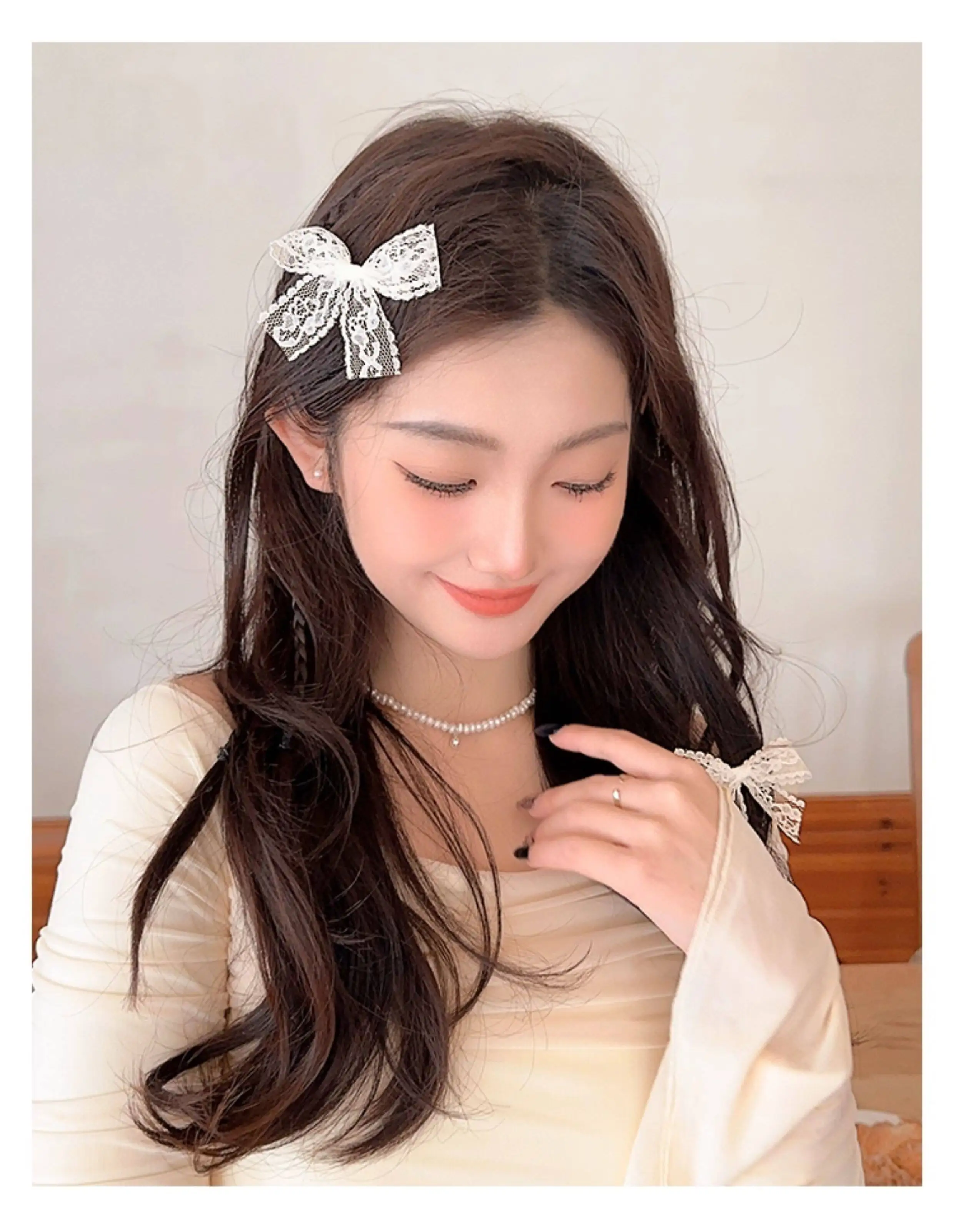 Women's Lace Bow Hair Clip Side Bangs Double Ponytail Hairpins Sweet Stylish